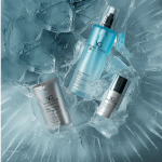Young Goose skincare products displayed on cracked ice, featuring Blue Peptide Spray and anti-aging serums in a cool, frosty aesthetic.